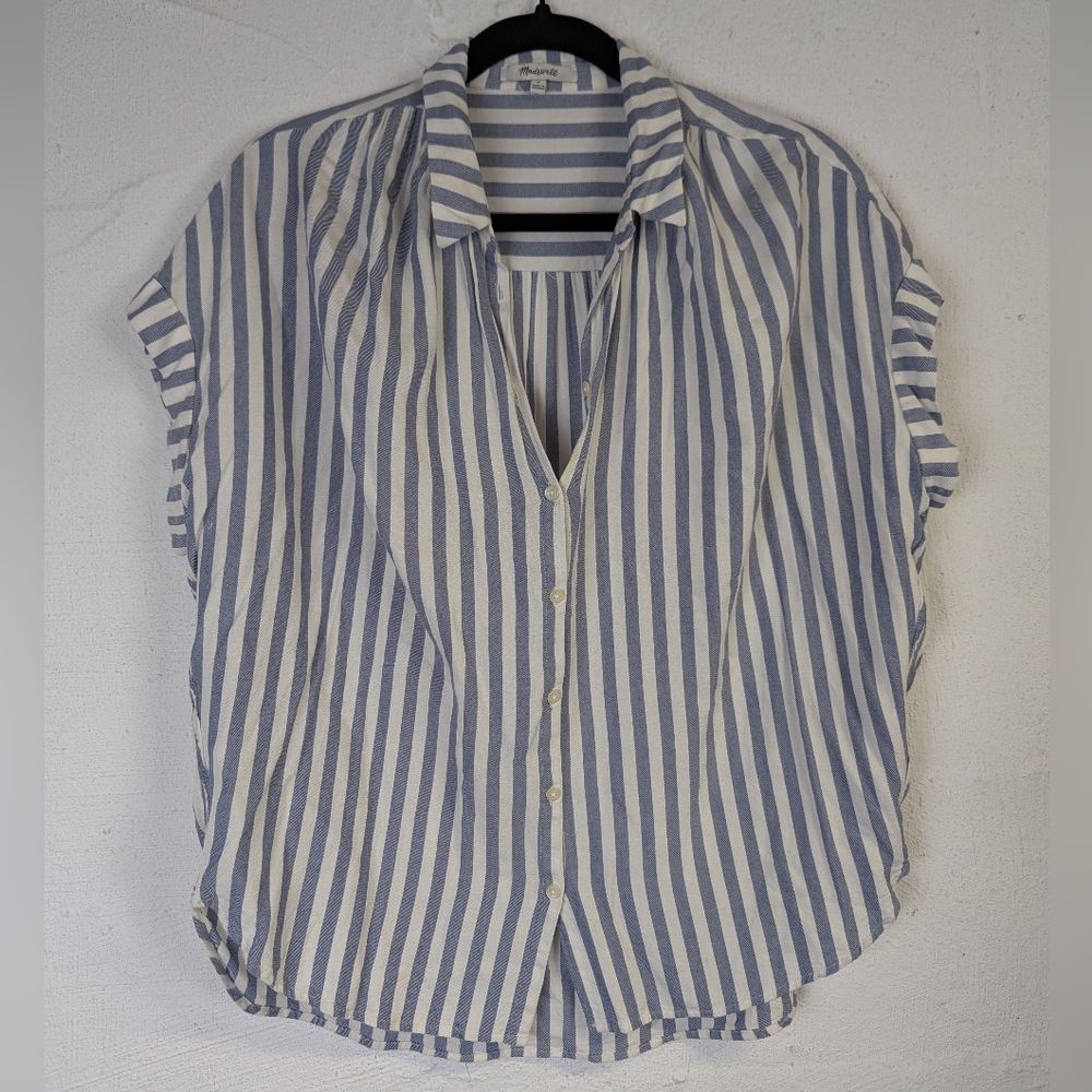 NWOT Madewell Central Shirt Womens Large Blue White Pompano Stripe Flowy Relaxed